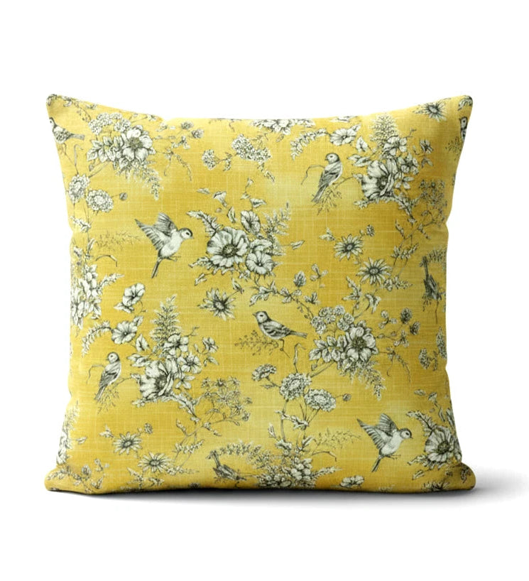Finch Toile Yellow Buttercup Bird Floral Cushion Cover