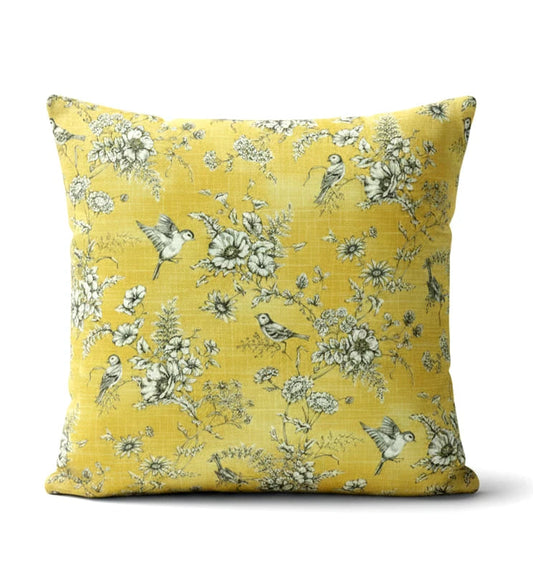 Finch Toile Yellow Buttercup Bird Floral Cushion Cover