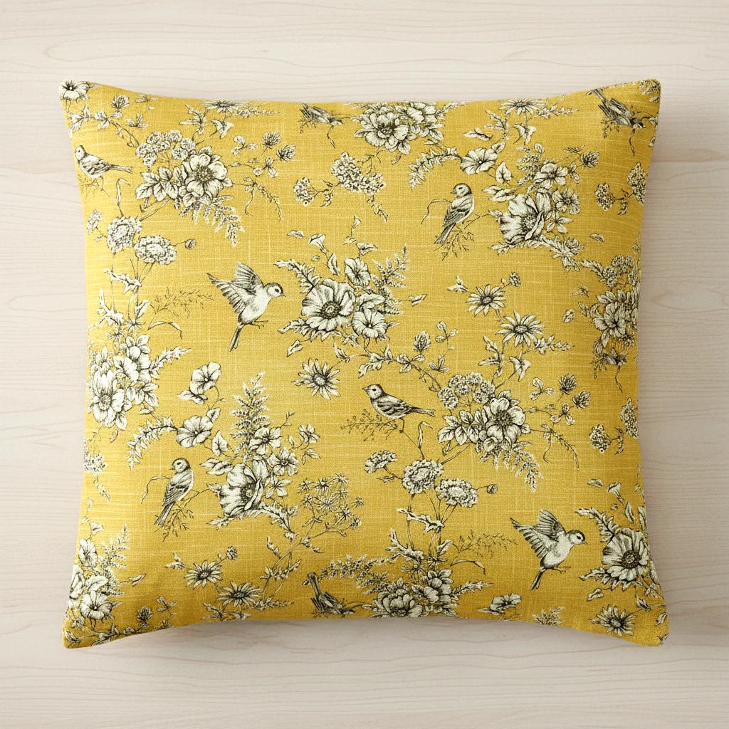 Finch Toile Yellow Buttercup Bird Floral Cushion Cover