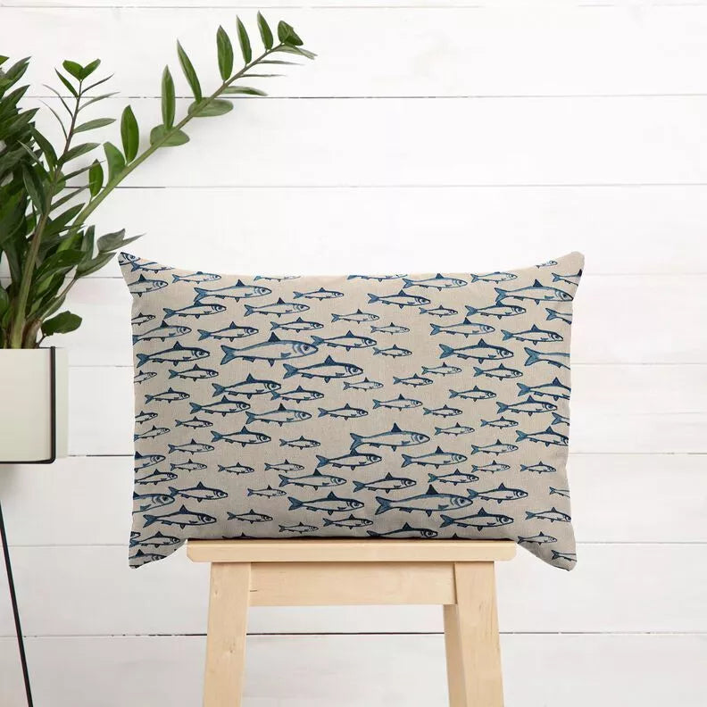 Abstract Fish Sardine Natural Blue Cushion Cover