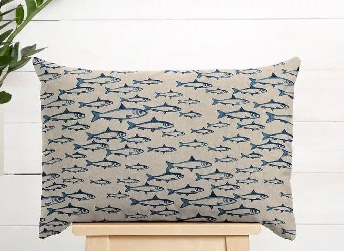Abstract Fish Sardine Natural Blue Cushion Cover