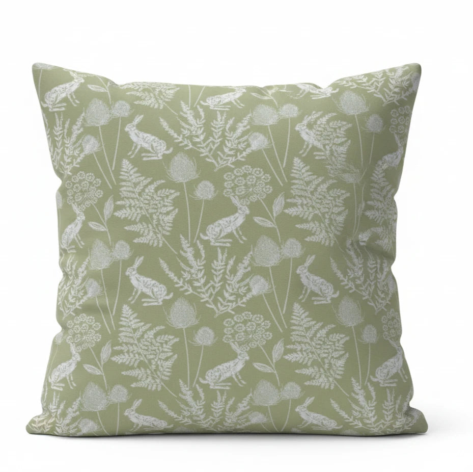 Kielder Hare Sage Green Cushion Cover