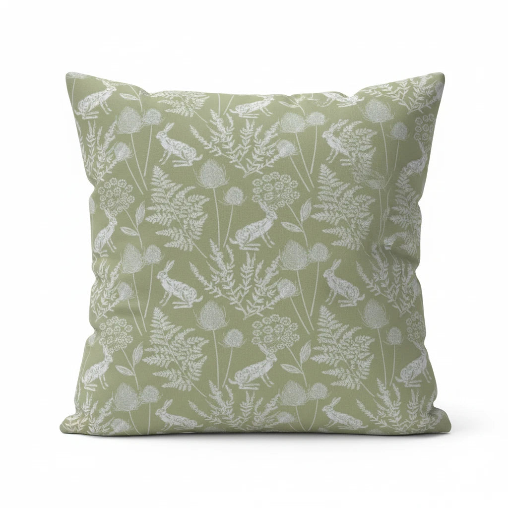 Kielder Hare Sage Green Cushion Cover