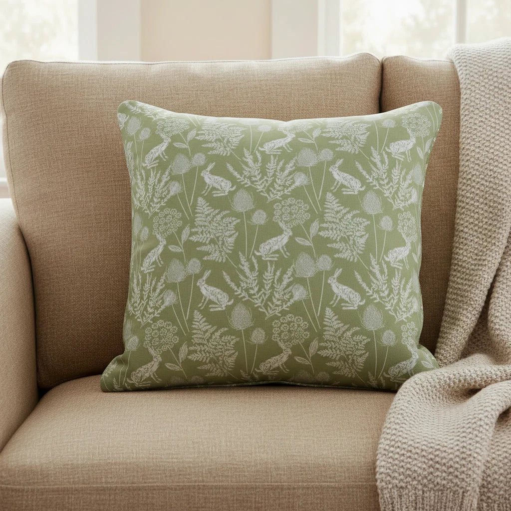 Kielder Hare Sage Green Cushion Cover