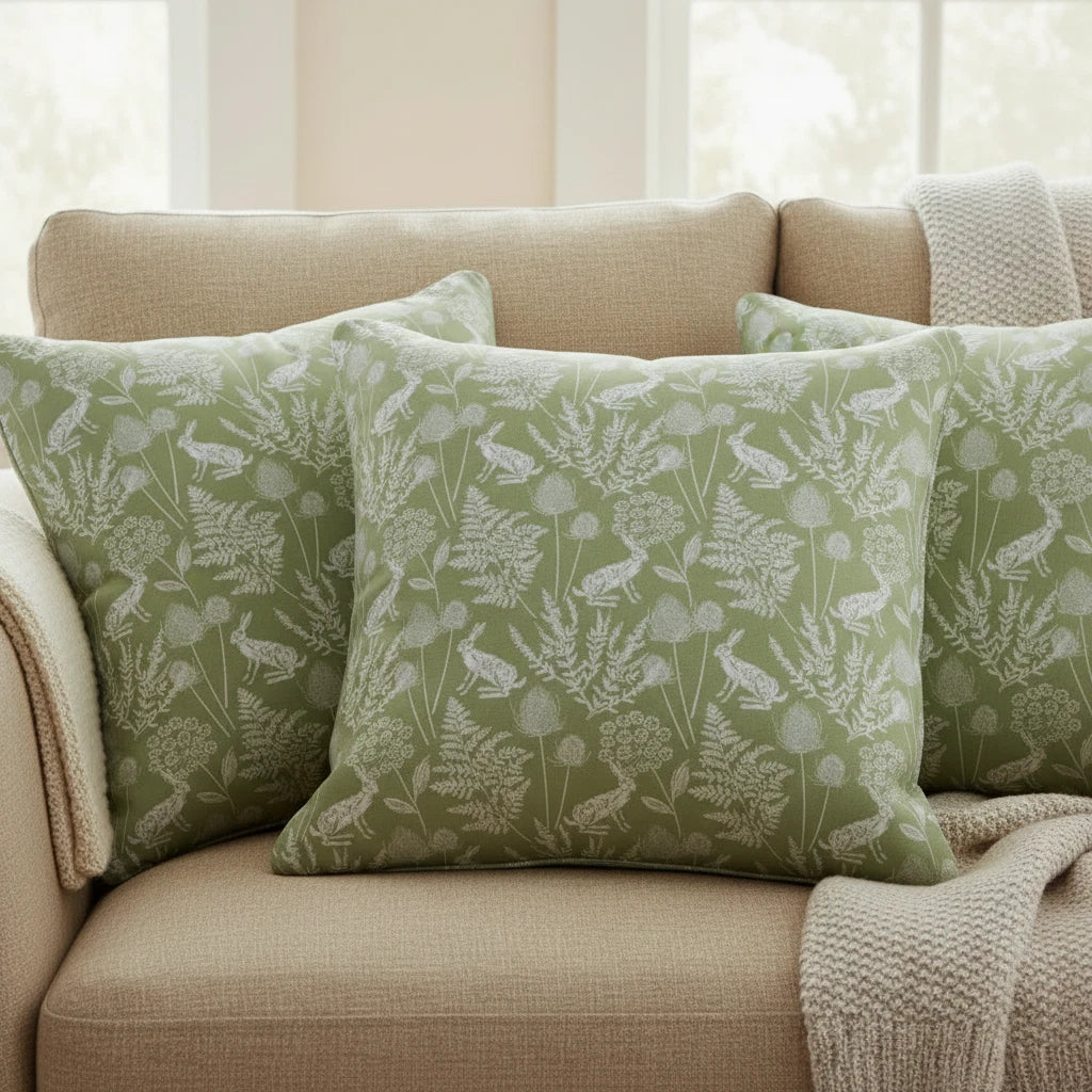 Kielder Hare Sage Green Cushion Cover