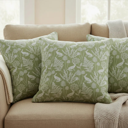 Kielder Hare Sage Green Cushion Cover