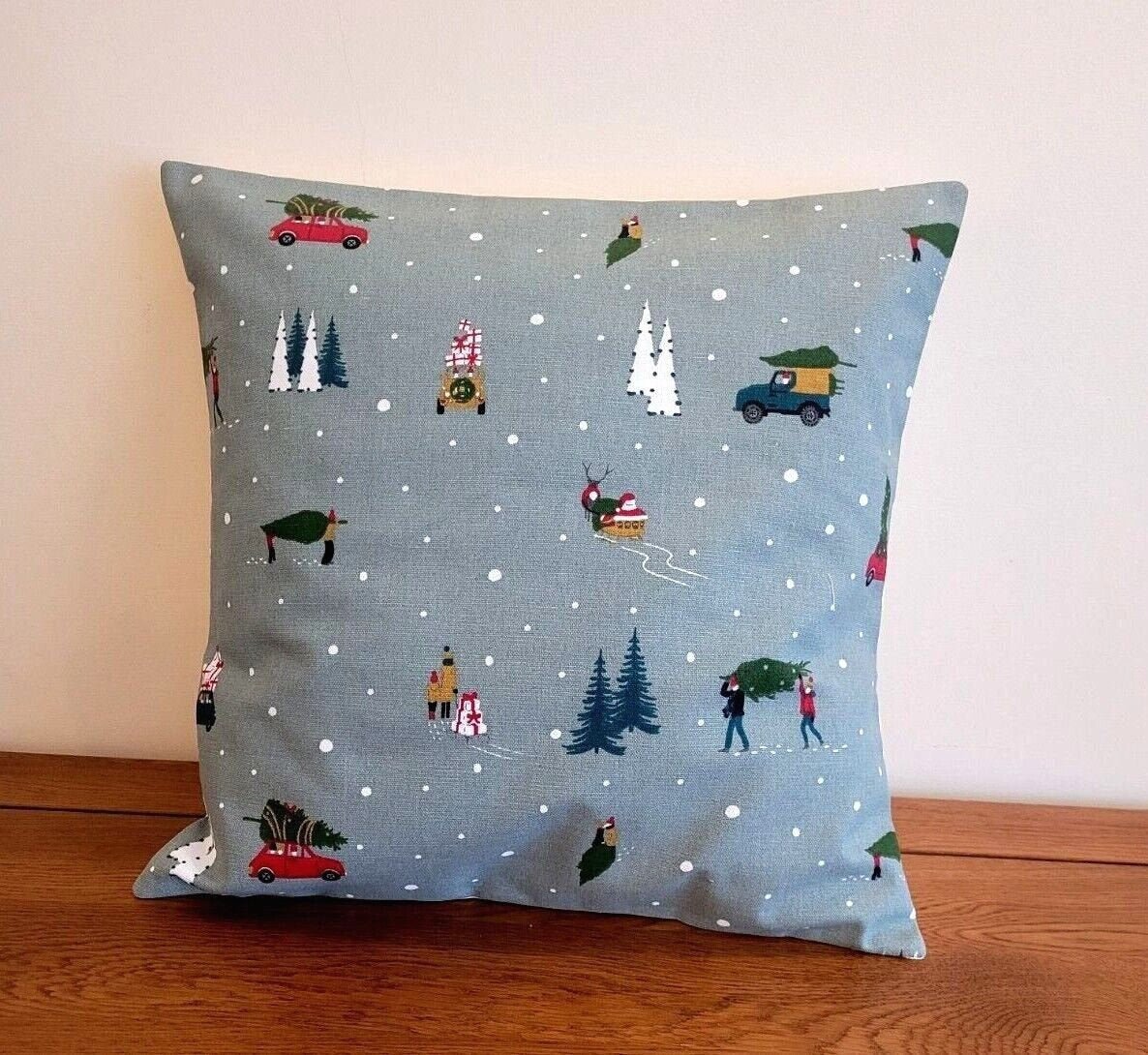 Sophie Allport Home For Christmas Cushion Cover , Christmas Winter Blue Pillow Cover 10" 12" 14" 16" 17" 18" 20" 22" 24" 26" 100% Cotton - CushionCoverAndDecor