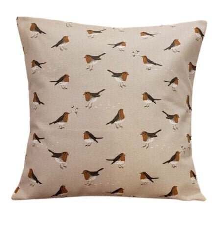 Sophie Allport Robin Neutral Cushion Cover , Christmas Robin Pillow Cover 10" 12" 14" 16" 17" 18" 20" 22" 24" 26" 100% Cotton - CushionCoverAndDecor