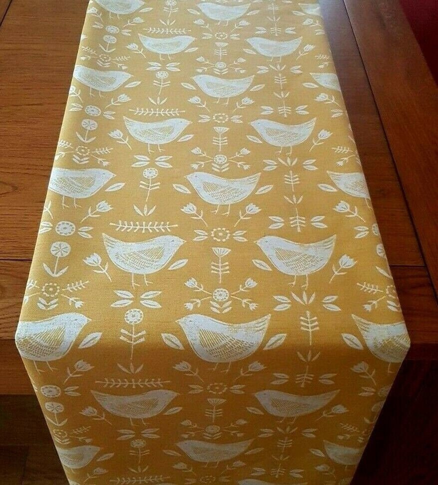 Table Runner 36" 48" 54" 60" 64" 72" 84" 96" 104" Fryetts Narvik Yellow Mustard Bird Design Handmade 100% Cotton - CushionCoverAndDecor