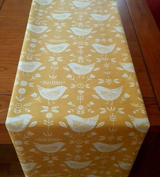 Table Runner 36" 48" 54" 60" 64" 72" 84" 96" 104" Fryetts Narvik Yellow Mustard Bird Design Handmade 100% Cotton - CushionCoverAndDecor