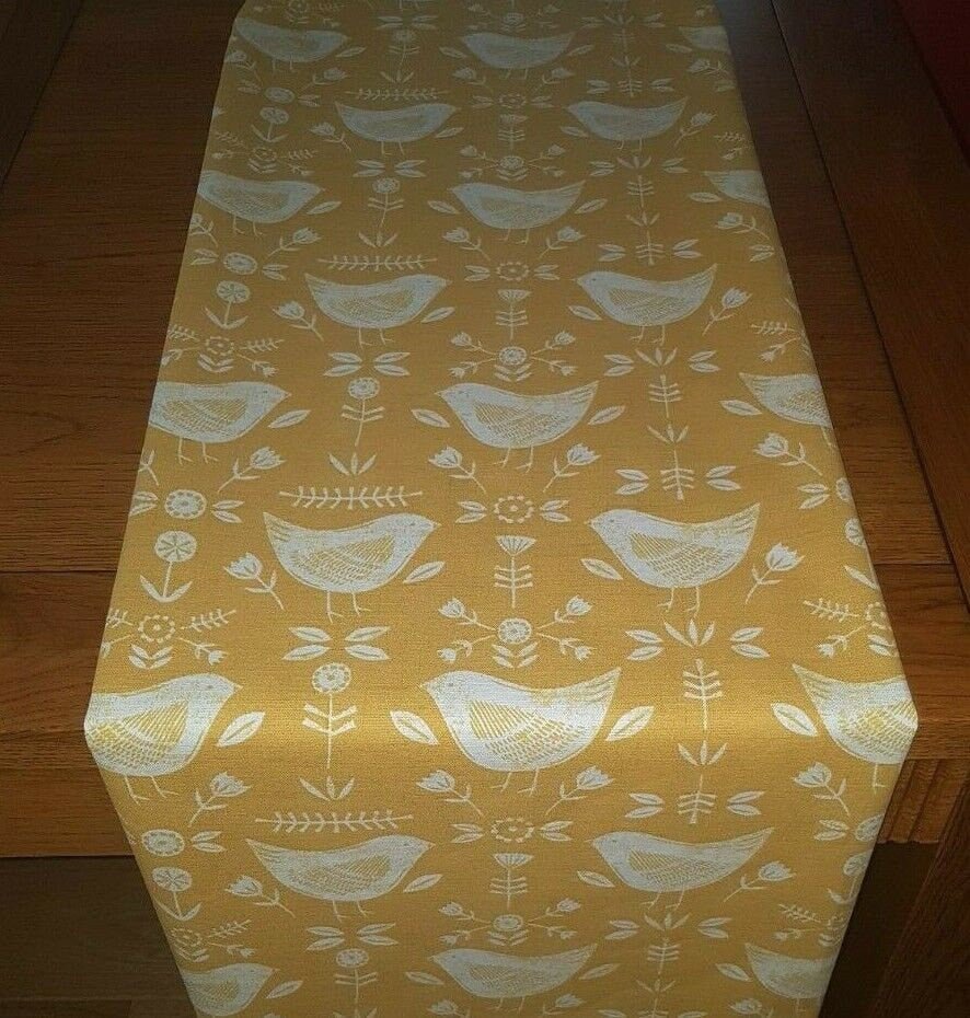 Table Runner 36" 48" 54" 60" 64" 72" 84" 96" 104" Fryetts Narvik Yellow Mustard Bird Design Handmade 100% Cotton - CushionCoverAndDecor