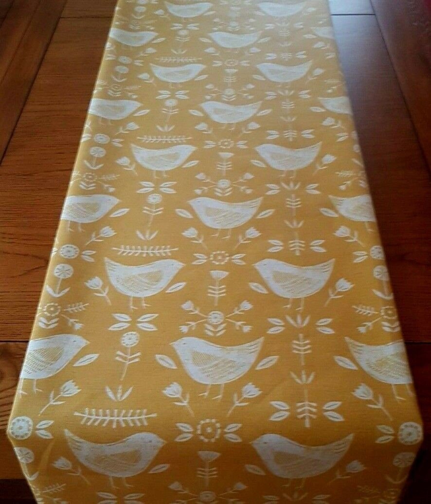 Table Runner 36" 48" 54" 60" 64" 72" 84" 96" 104" Fryetts Narvik Yellow Mustard Bird Design Handmade 100% Cotton - CushionCoverAndDecor