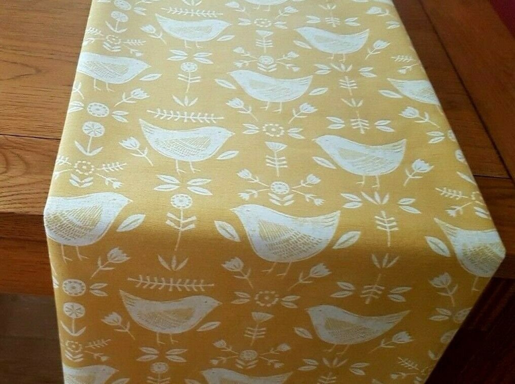 Table Runner 36" 48" 54" 60" 64" 72" 84" 96" 104" Fryetts Narvik Yellow Mustard Bird Design Handmade 100% Cotton - CushionCoverAndDecor