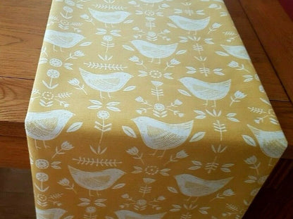 Table Runner 36" 48" 54" 60" 64" 72" 84" 96" 104" Fryetts Narvik Yellow Mustard Bird Design Handmade 100% Cotton - CushionCoverAndDecor