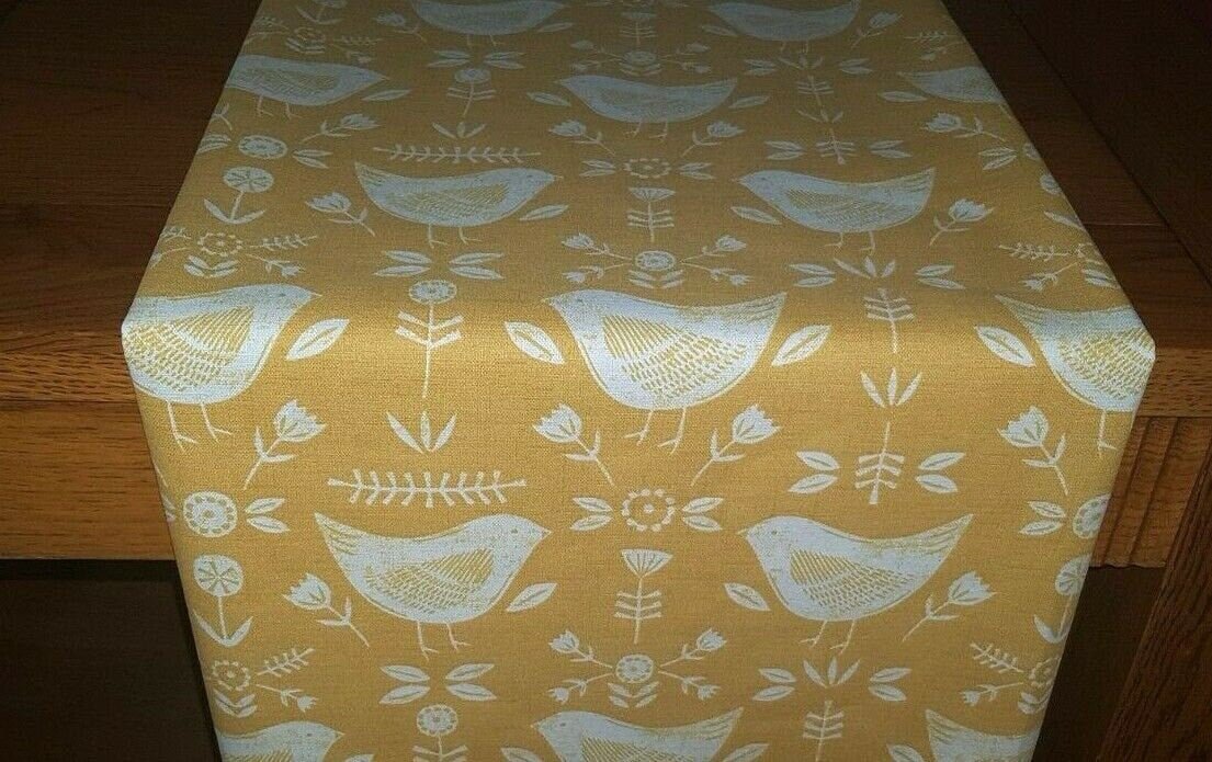 Table Runner 36" 48" 54" 60" 64" 72" 84" 96" 104" Fryetts Narvik Yellow Mustard Bird Design Handmade 100% Cotton - CushionCoverAndDecor
