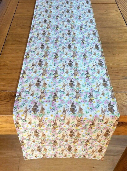 Table Runner Bunny Flowers Yellow Pink Purple Design , Easter Table Runner 36" 48" 54" 60" 64" 72" 84" 96" 104" Handmade 100% Cotton - CushionCoverAndDecor