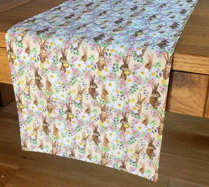 Table Runner Bunny Flowers Yellow Pink Purple Design , Easter Table Runner 36" 48" 54" 60" 64" 72" 84" 96" 104" Handmade 100% Cotton - CushionCoverAndDecor