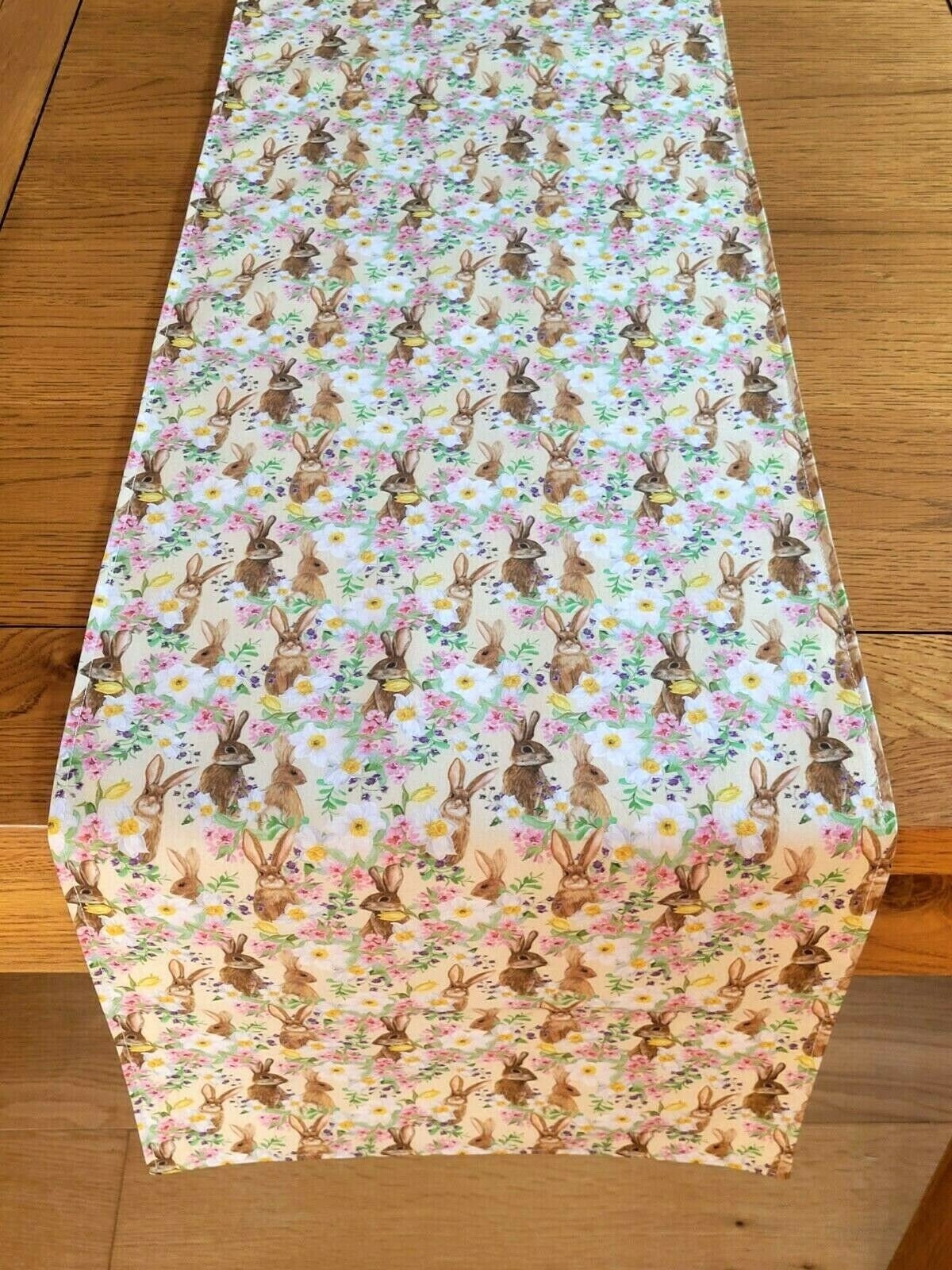 Table Runner Bunny Flowers Yellow Pink Purple Design , Easter Table Runner 36" 48" 54" 60" 64" 72" 84" 96" 104" Handmade 100% Cotton - CushionCoverAndDecor