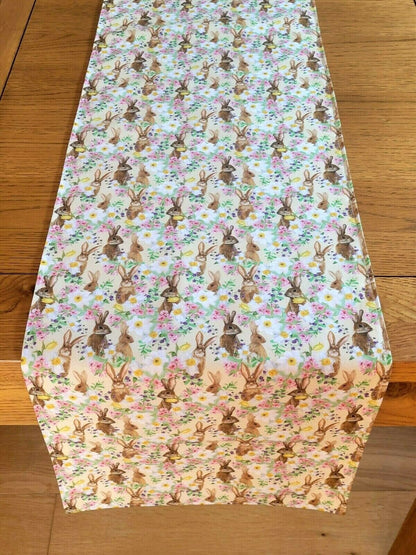 Table Runner Bunny Flowers Yellow Pink Purple Design , Easter Table Runner 36" 48" 54" 60" 64" 72" 84" 96" 104" Handmade 100% Cotton - CushionCoverAndDecor