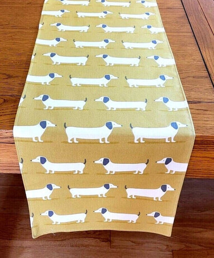 Table Runner Dachshund Sausage Dog , Ochre Saffron Yellow Table Runner 36" 48" 54" 60" 64" 72" 84" 96" 104" Handmade - CushionCoverAndDecor