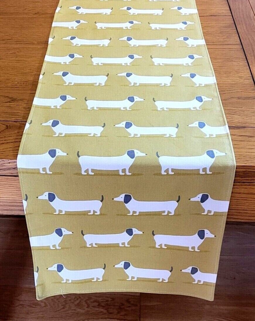 Table Runner Dachshund Sausage Dog , Ochre Saffron Yellow Table Runner 36" 48" 54" 60" 64" 72" 84" 96" 104" Handmade - CushionCoverAndDecor
