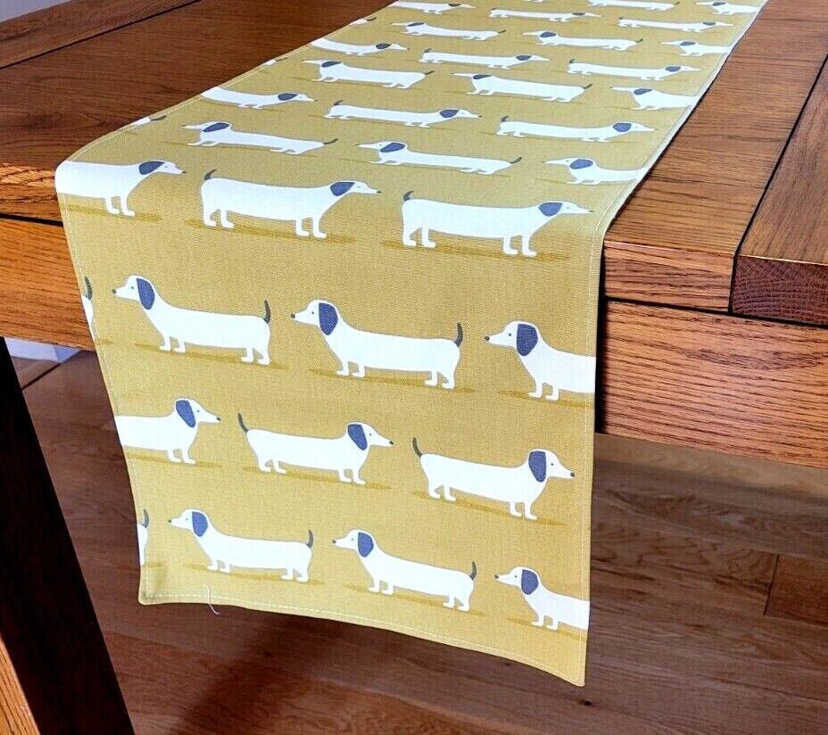 Table Runner Dachshund Sausage Dog , Ochre Saffron Yellow Table Runner 36" 48" 54" 60" 64" 72" 84" 96" 104" Handmade - CushionCoverAndDecor