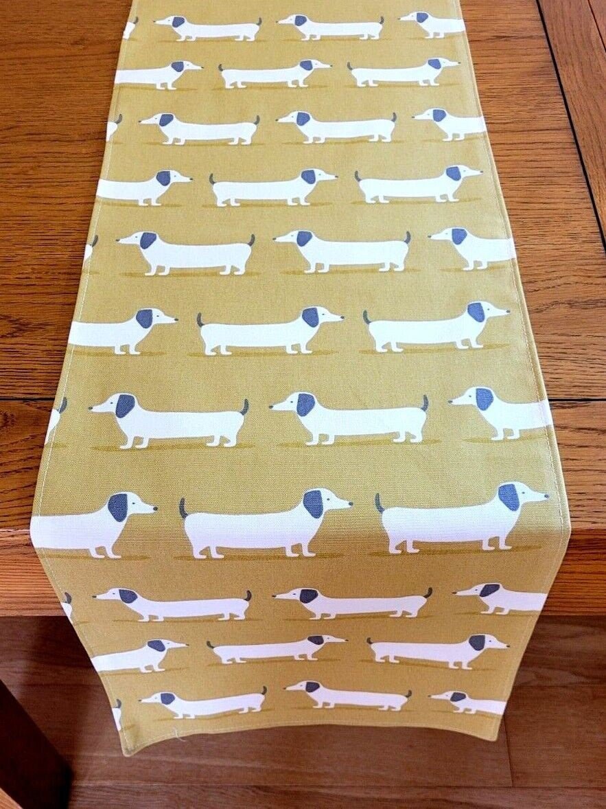 Table Runner Dachshund Sausage Dog , Ochre Saffron Yellow Table Runner 36" 48" 54" 60" 64" 72" 84" 96" 104" Handmade - CushionCoverAndDecor