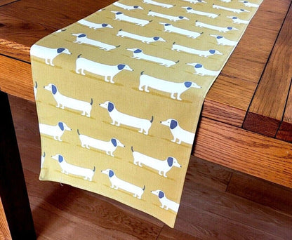 Table Runner Dachshund Sausage Dog , Ochre Saffron Yellow Table Runner 36" 48" 54" 60" 64" 72" 84" 96" 104" Handmade - CushionCoverAndDecor
