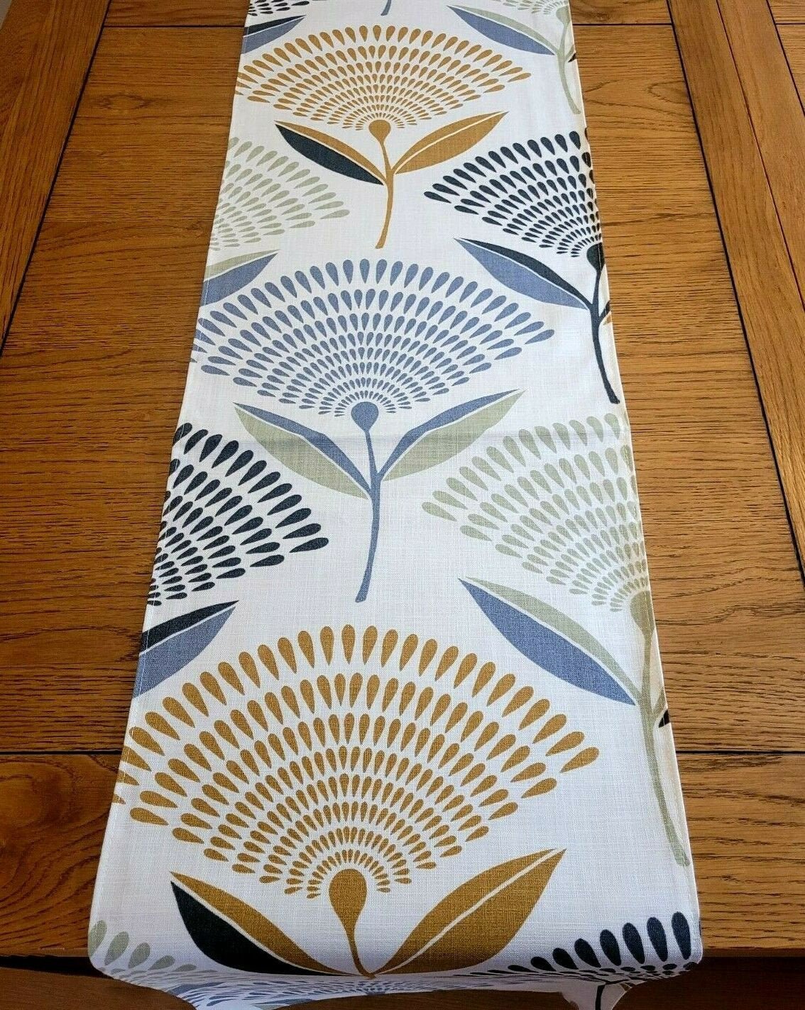 Table Runner Dandelion Floral Ochre Yellow Blue Grey Design 36" 48" 54" 60" 64" 72" 84" 96" 104" Handmade 100% Cotton - CushionCoverAndDecor