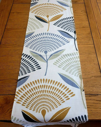 Table Runner Dandelion Floral Ochre Yellow Blue Grey Design 36" 48" 54" 60" 64" 72" 84" 96" 104" Handmade 100% Cotton - CushionCoverAndDecor