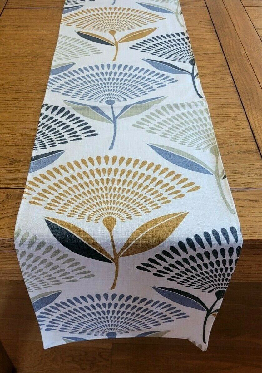 Table Runner Dandelion Floral Ochre Yellow Blue Grey Design 36" 48" 54" 60" 64" 72" 84" 96" 104" Handmade 100% Cotton - CushionCoverAndDecor