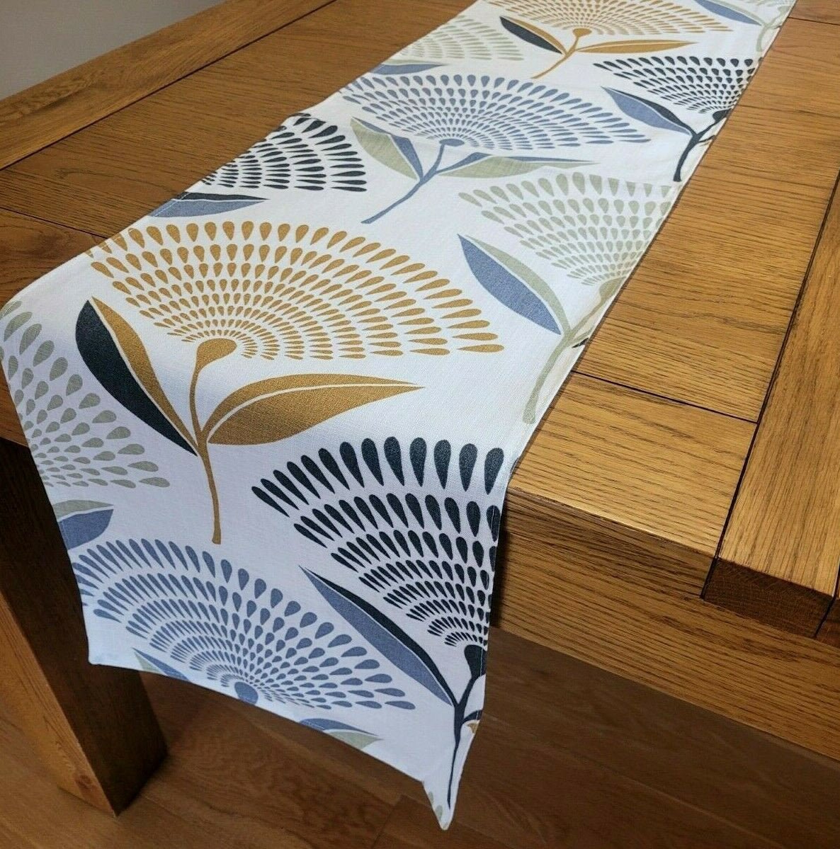 Table Runner Dandelion Floral Ochre Yellow Blue Grey Design 36" 48" 54" 60" 64" 72" 84" 96" 104" Handmade 100% Cotton - CushionCoverAndDecor