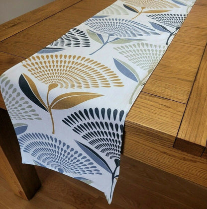 Table Runner Dandelion Floral Ochre Yellow Blue Grey Design 36" 48" 54" 60" 64" 72" 84" 96" 104" Handmade 100% Cotton - CushionCoverAndDecor