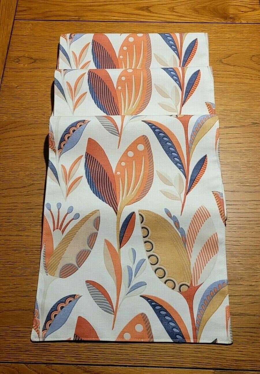 Table Runner Fryetts Leon Burnt Orange Blue Floral Design 36" 48" 54" 60" 64" 72" 84" 96" 104" Clarke & Clarke 100% Cotton Handmade - CushionCoverAndDecor