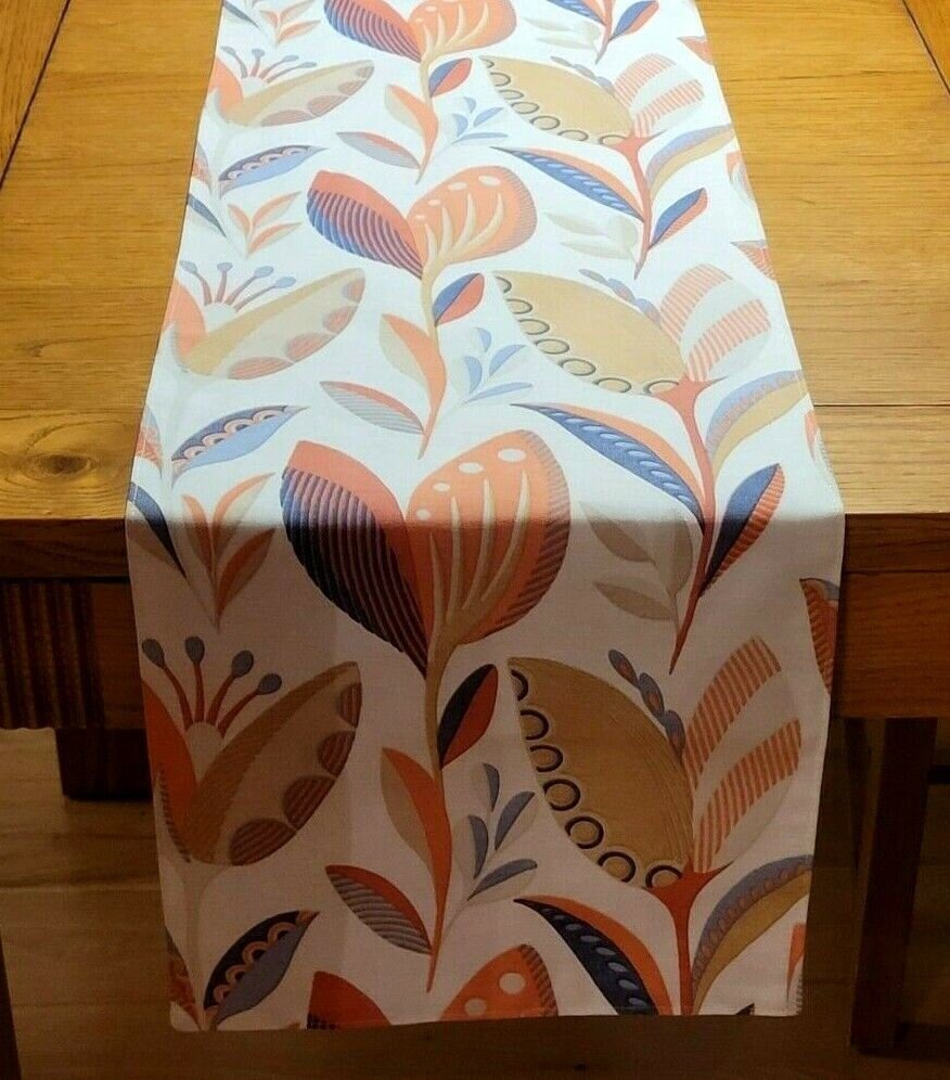 Table Runner Fryetts Leon Burnt Orange Blue Floral Design 36" 48" 54" 60" 64" 72" 84" 96" 104" Clarke & Clarke 100% Cotton Handmade - CushionCoverAndDecor