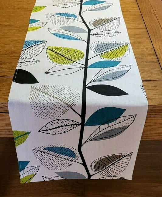 Table Runner Green Grey Teal Autumn Leaves Design 36" 48" 54" 60" 64" 72" 84" 96" 104" Handmade 100% Cotton - CushionCoverAndDecor