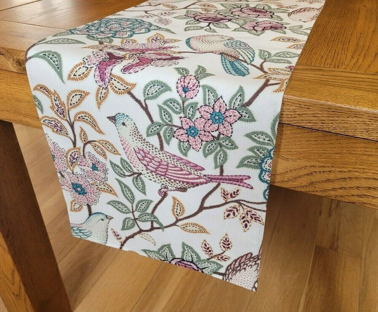 Table Runner Heritage Fern Beige Brown Birds Floral Design 36" 48" 54" 60" 64" 72" 84" 96" 104" Handmade 100% Cotton - CushionCoverAndDecor