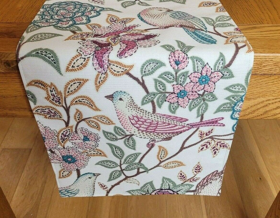 Table Runner Heritage Fern Beige Brown Birds Floral Design 36" 48" 54" 60" 64" 72" 84" 96" 104" Handmade 100% Cotton - CushionCoverAndDecor