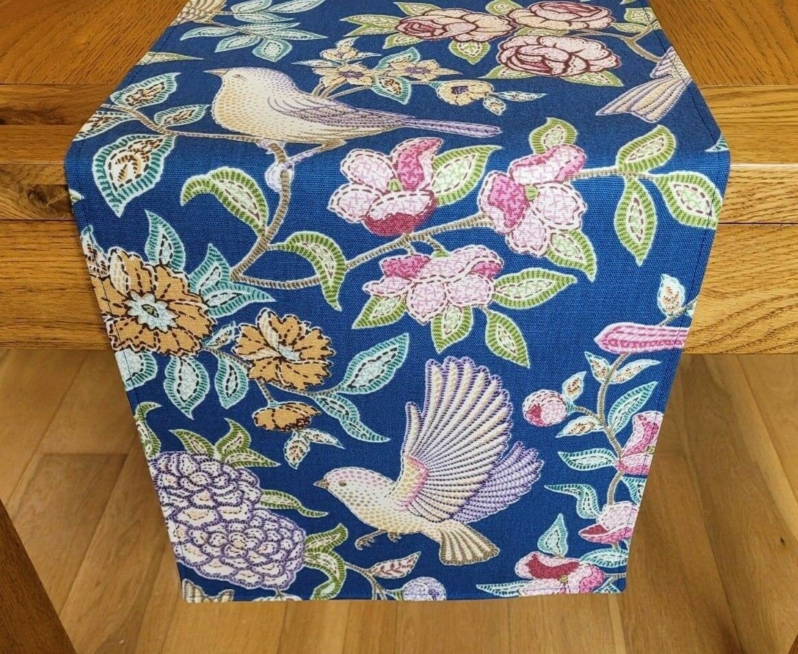 Table Runner Heritage Midnight Blue Birds Floral Design 36" 48" 54" 60" 64" 72" 84" 96" 104" Handmade 100% Cotton - CushionCoverAndDecor