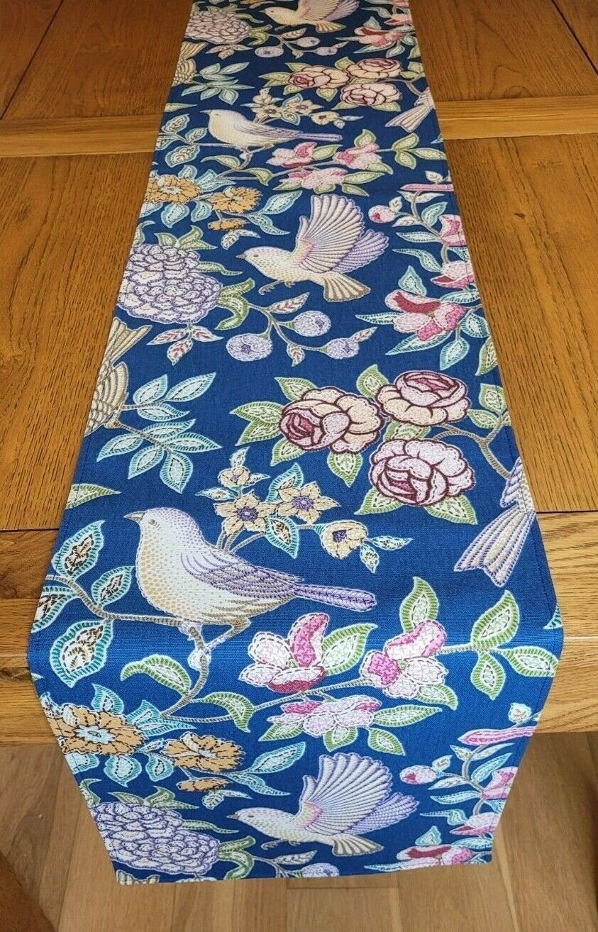 Table Runner Heritage Midnight Blue Birds Floral Design 36" 48" 54" 60" 64" 72" 84" 96" 104" Handmade 100% Cotton - CushionCoverAndDecor