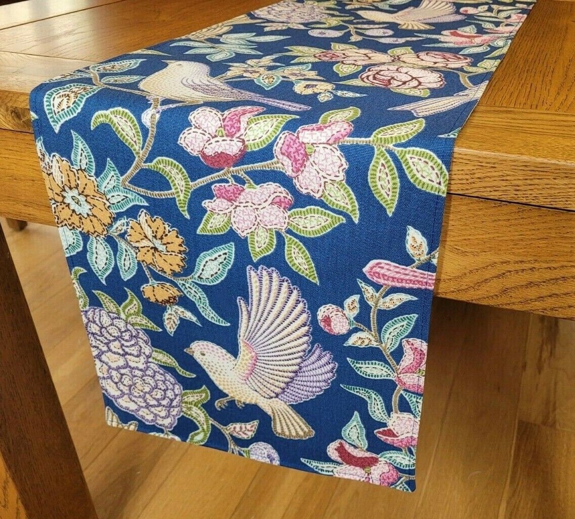 Table Runner Heritage Midnight Blue Birds Floral Design 36" 48" 54" 60" 64" 72" 84" 96" 104" Handmade 100% Cotton - CushionCoverAndDecor