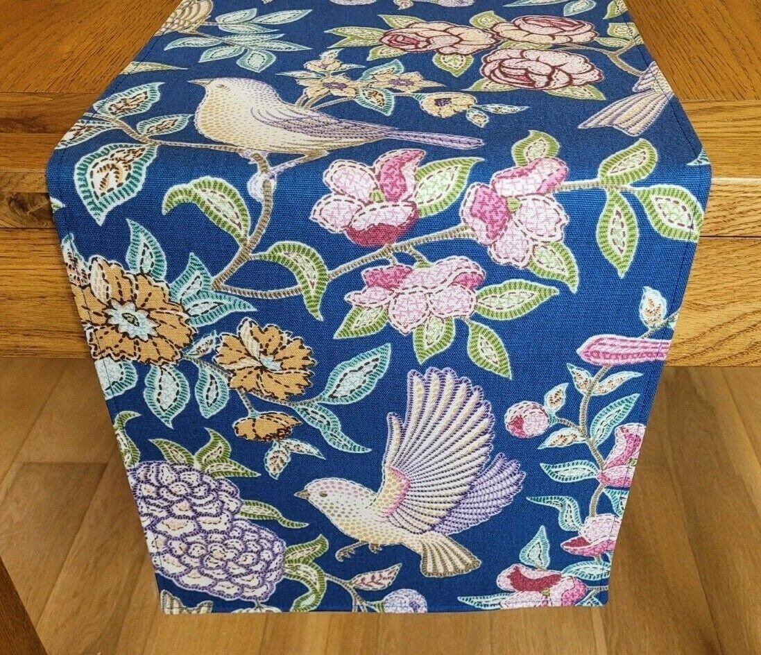 Table Runner Heritage Midnight Blue Birds Floral Design 36" 48" 54" 60" 64" 72" 84" 96" 104" Handmade 100% Cotton - CushionCoverAndDecor