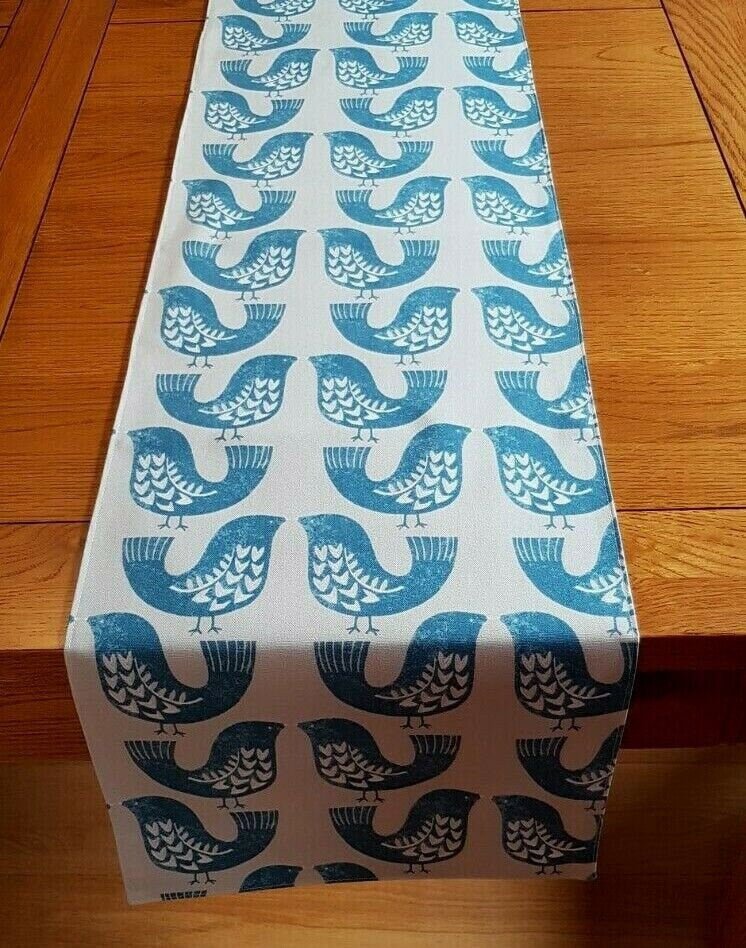 Table Runner ILiv Capri Blue Beige Scandi Birds 36" 48" 54" 60" 64" 72" 84" 96" 104" Design Linen 100% Cotton - CushionCoverAndDecor