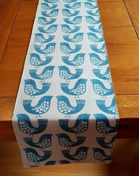 Table Runner ILiv Capri Blue Beige Scandi Birds 36" 48" 54" 60" 64" 72" 84" 96" 104" Design Linen 100% Cotton - CushionCoverAndDecor