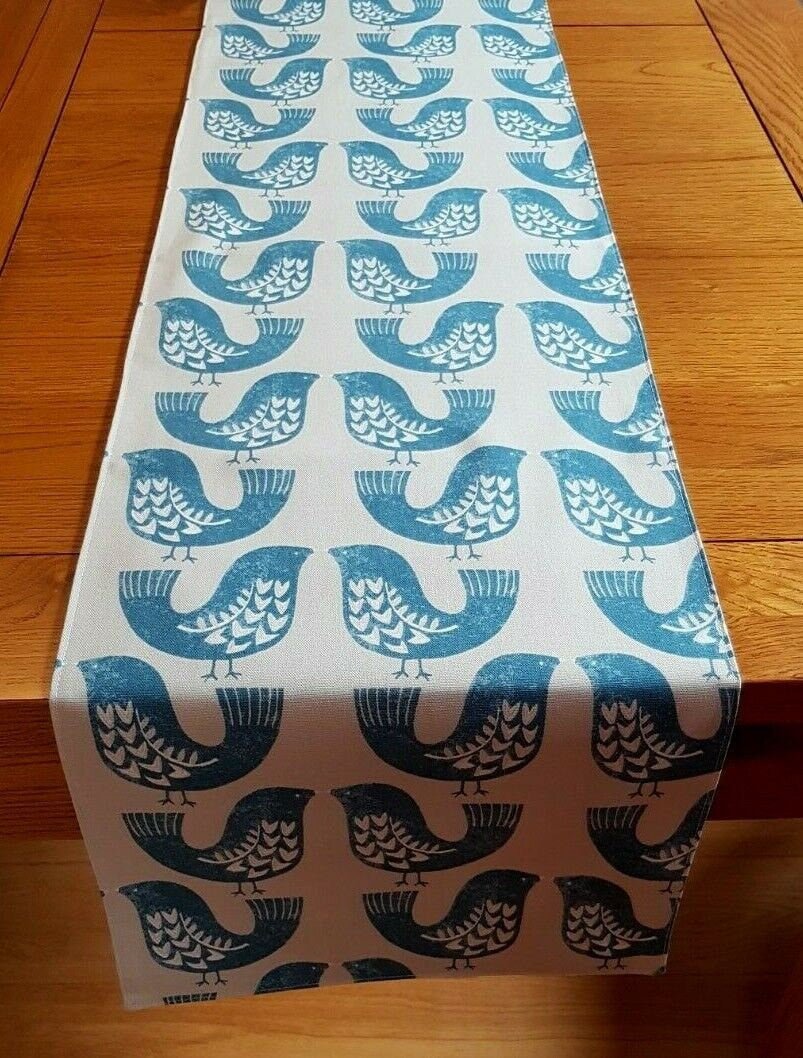 Table Runner ILiv Capri Blue Beige Scandi Birds 36" 48" 54" 60" 64" 72" 84" 96" 104" Design Linen 100% Cotton - CushionCoverAndDecor
