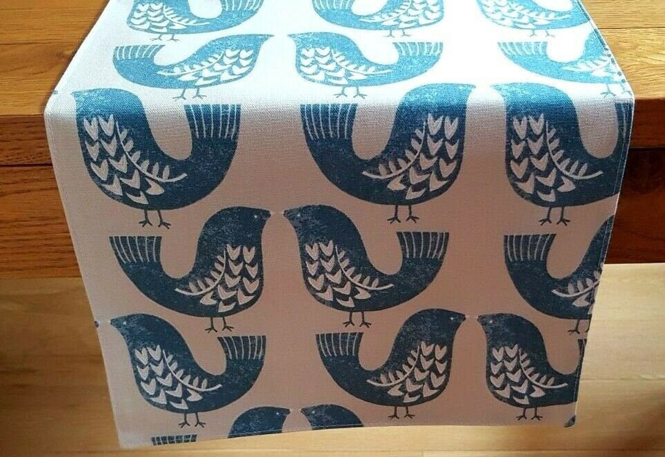 Table Runner ILiv Capri Blue Beige Scandi Birds 36" 48" 54" 60" 64" 72" 84" 96" 104" Design Linen 100% Cotton - CushionCoverAndDecor