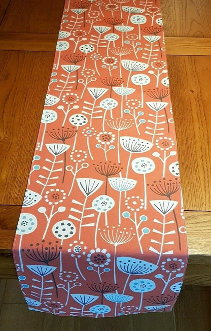 Table Runner Scandinavian Floral Bergen Burnt Orange Design , Table Runner UK , 36" 48" 54" 60" 64" 72" 84" 96" 104" Handmade 100% Cotton - CushionCoverAndDecor