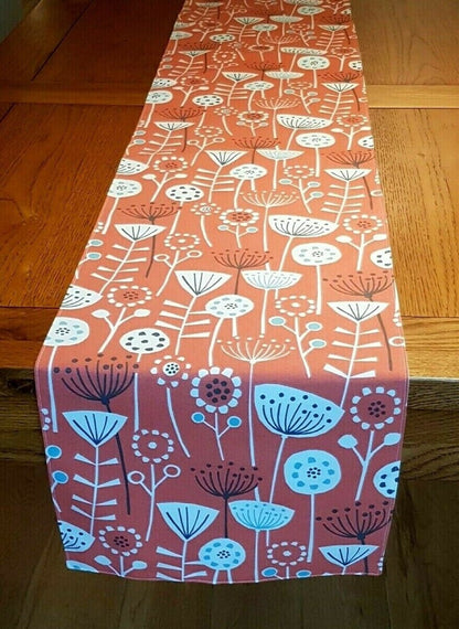 Table Runner Scandinavian Floral Bergen Burnt Orange Design , Table Runner UK , 36" 48" 54" 60" 64" 72" 84" 96" 104" Handmade 100% Cotton - CushionCoverAndDecor