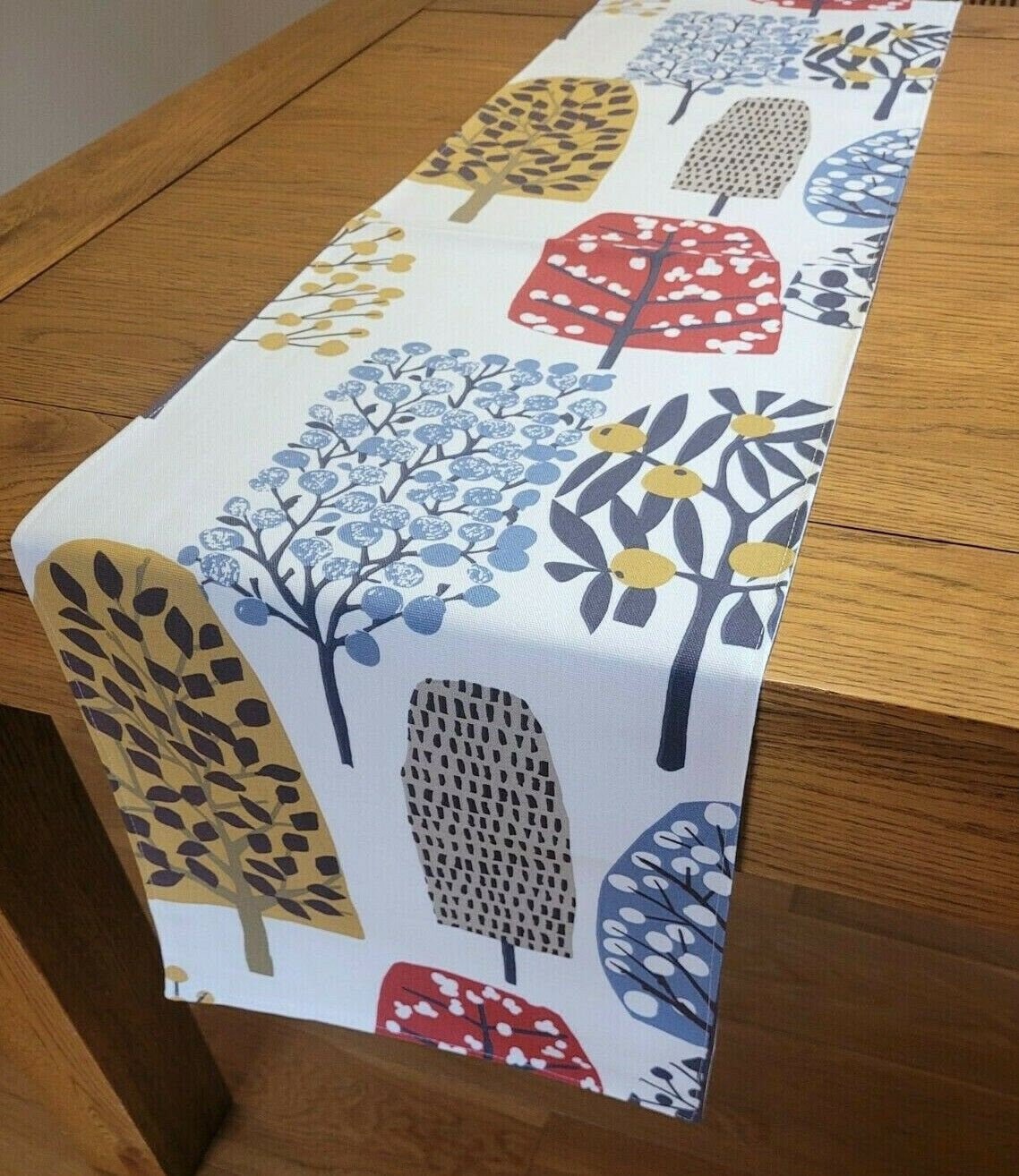Table Runner Trad Indigo Cranberry Red Tree Blossom Design 36" 48" 54" 60" 64" 72" 84" 96" 104" Clarke & Clarke 100% Cotton Handmade - CushionCoverAndDecor