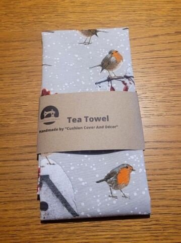 Winter Robin Tea Towel , Robin Grey Tea Towel - CushionCoverAndDecor